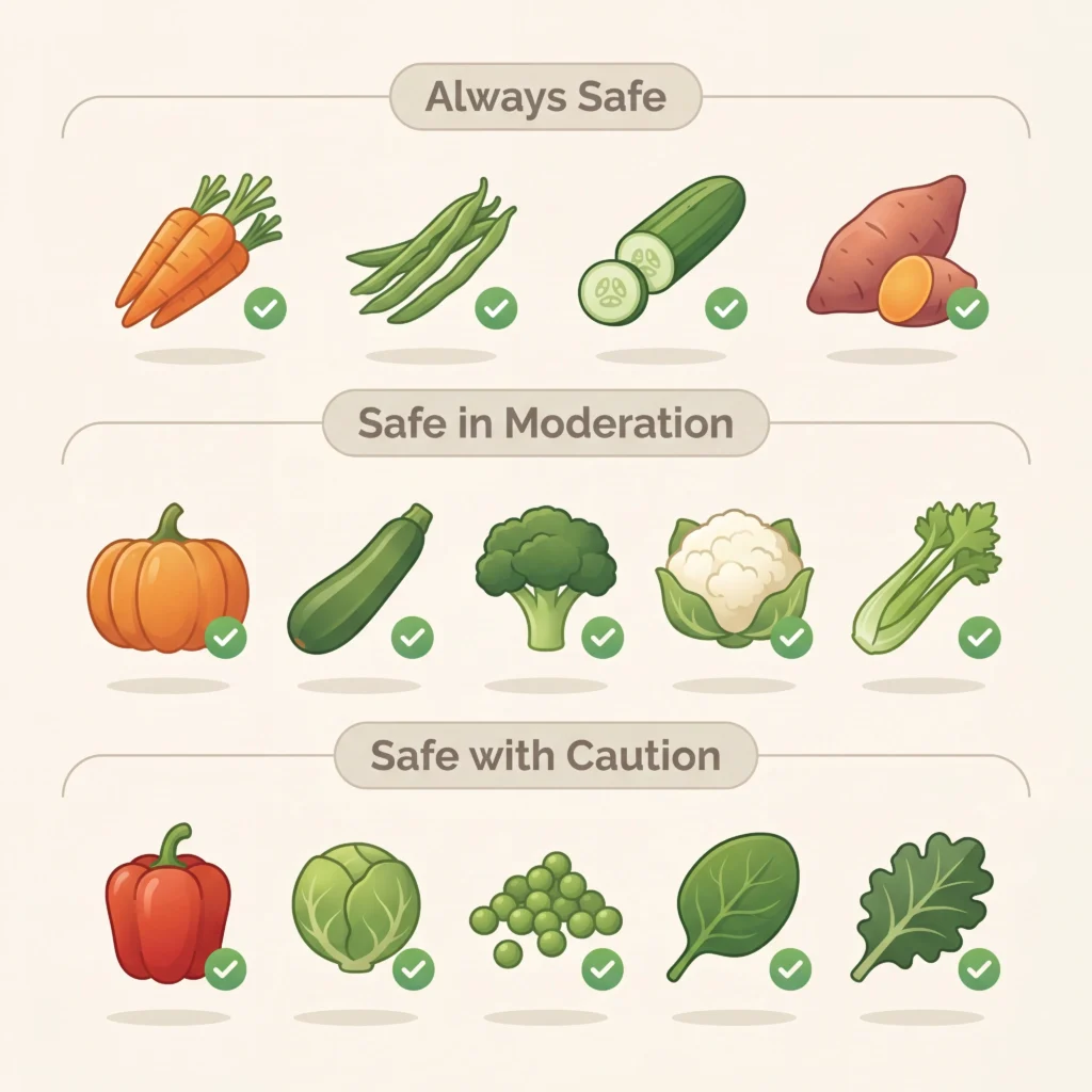 Infographic displaying fourteen vegetables safe for dogs organized by safety level with checkmark indicators for each item
