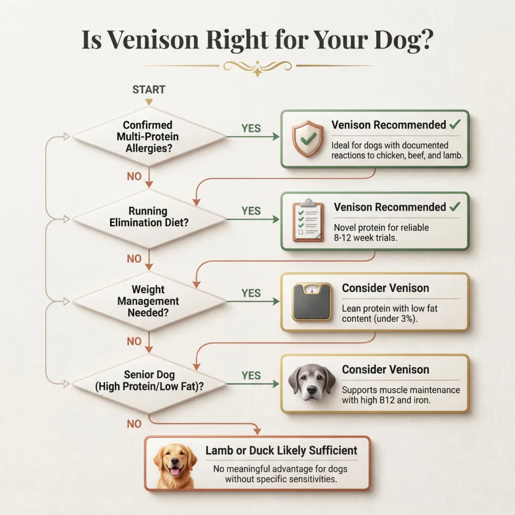 Decision flowchart for dog owners showing when venison makes sense based on allergies weight management and senior dog needs