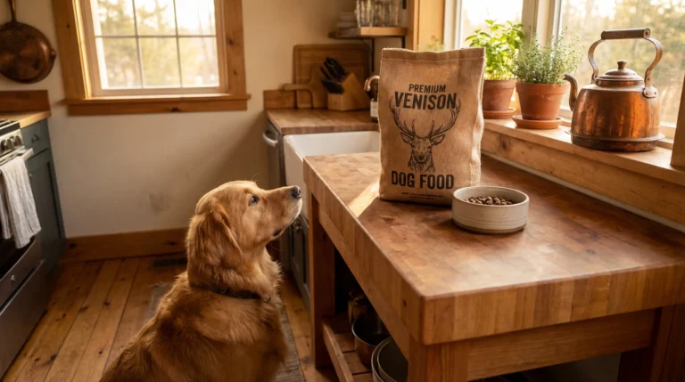 Premium venison dog food bag on kitchen counter with attentive golden retriever looking at the product with curiosity