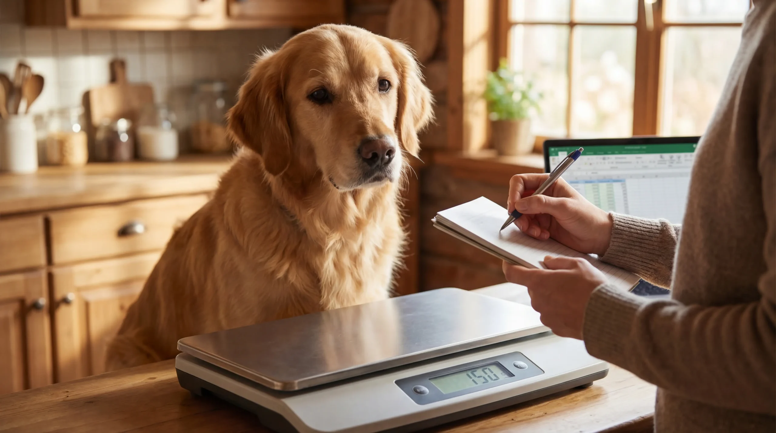 Golden retriever standing on a scale for weight control dog food monitoring in a warm home kitchen setting