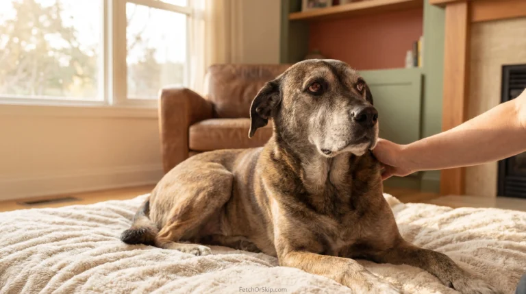 Large dog lying on blanket showing signs of discomfort while owner provides comfort knowing what can I give my dog for pain