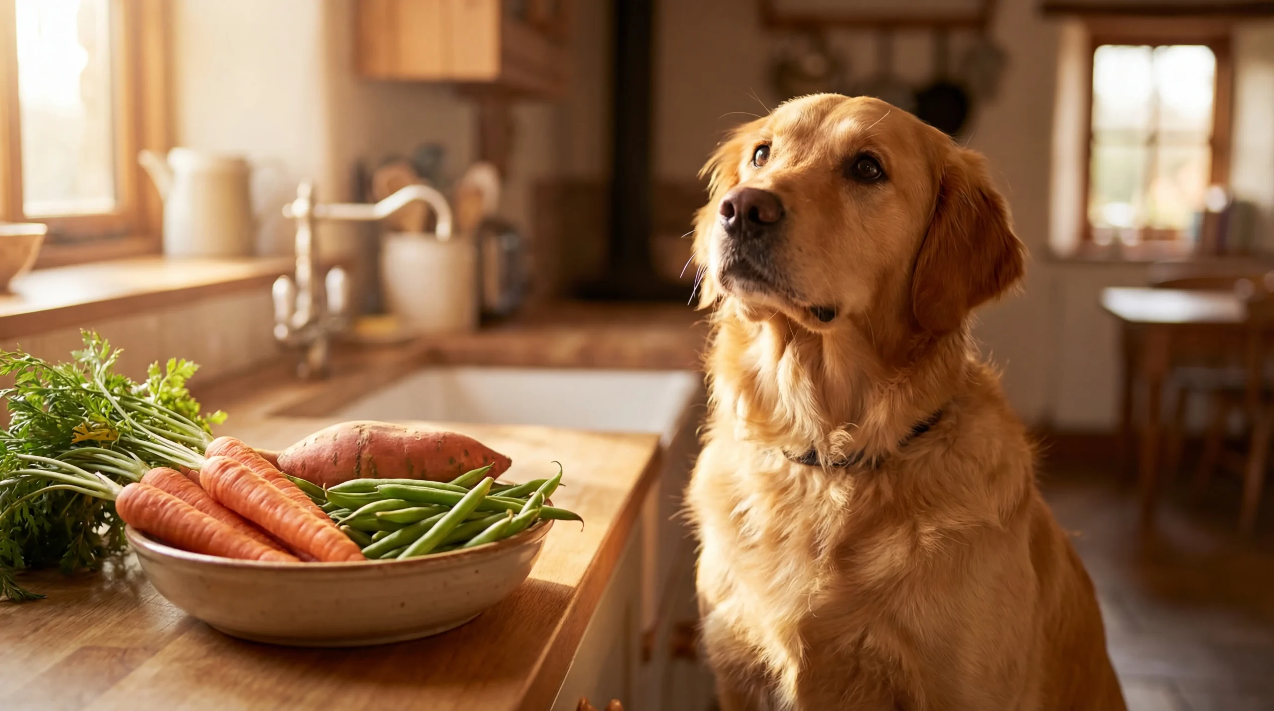 Golden retriever in kitchen looking at fresh vegetables including carrots and green beans showing what vegetables are good for dogs