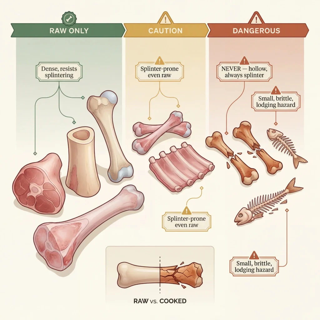 Which bones are safe for dogs diagram showing beef knuckle bones as safer raw options versus chicken and fish bones as dangerous splintering hazards