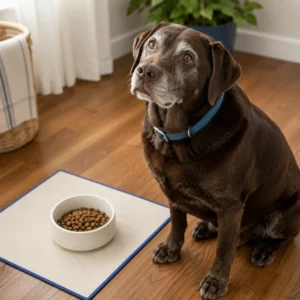 Senior grey-muzzled labrador with blue collar sitting beside white bowl on cream feeding mat with blue border in soft daylight