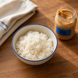 White ceramic bowl with blue rim holding plain rice beside mason jar of peanut butter on warm wood counter, top-down view