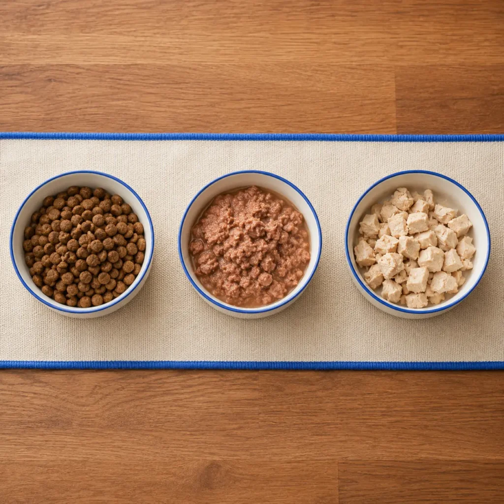 Three white ceramic bowls with blue rim holding kibble canned and fresh dog food on cream runner with blue trim, top-down comparison