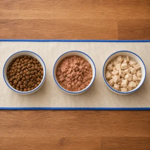 Three white ceramic bowls with blue rim holding kibble canned and fresh dog food on cream runner with blue trim, top-down comparison