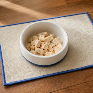 White ceramic dog bowl with plain-cooked diced chicken on cream placemat with blue trim, top-down view in warm daylight