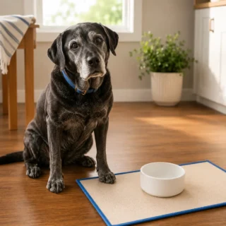 Senior labrador with blue collar beside white bowl on cream feeding mat with blue border