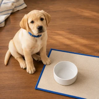 Young labrador puppy with blue collar beside small white bowl on cream feeding mat