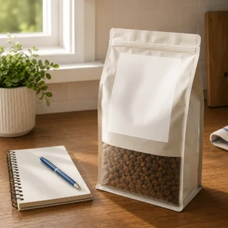 Sealed unbranded dog food bag with neutral label on wood counter beside notebook