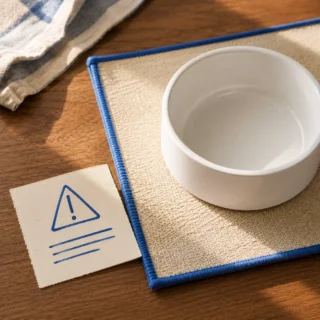 Warning card on kitchen counter beside white dog bowl in soft daylight