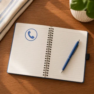 Open notebook with blue pen on wood counter representing vet emergency triage