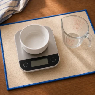 White bowl on kitchen scale with measuring cup on cream placemat with blue trim