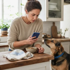 Adult mixed-breed dog with blue collar standing beside kitchen counter as owner checks phone for poison-control reference