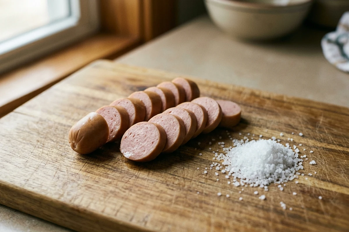 Sliced all-beef hot dogs on a board beside a pile of salt, showing their high sodium content