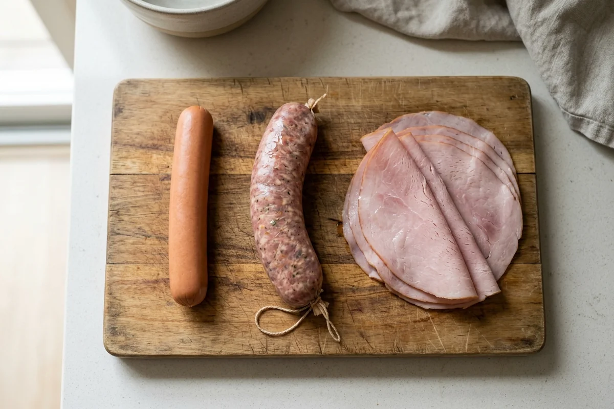 An overhead board comparing a hot dog, sausage and deli slices as processed meats for dogs