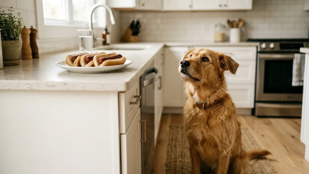A dog sitting attentively beside a counter with a plate of all-beef hot dogs, looking up