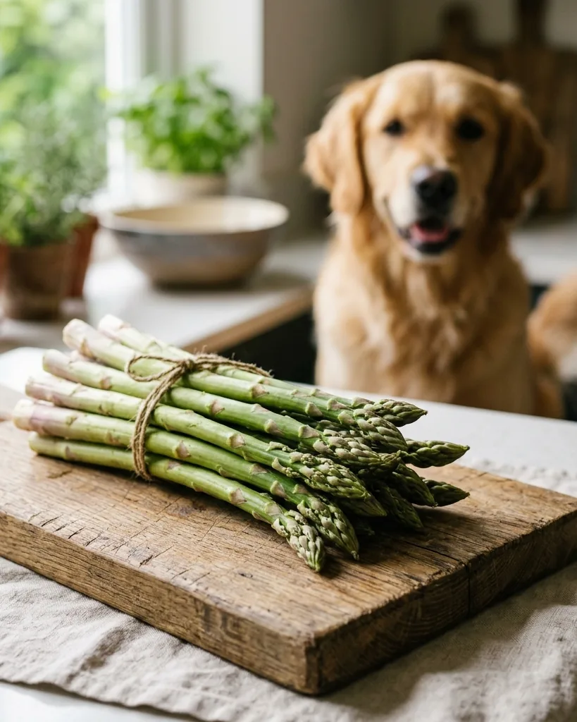 A golden retriever waiting beside a bundle of fresh asparagus on a kitchen counter
