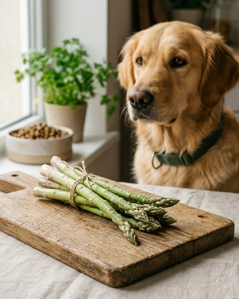 A dog beside raw asparagus spears and a bowl of kibble, showing asparagus as an occasional extra