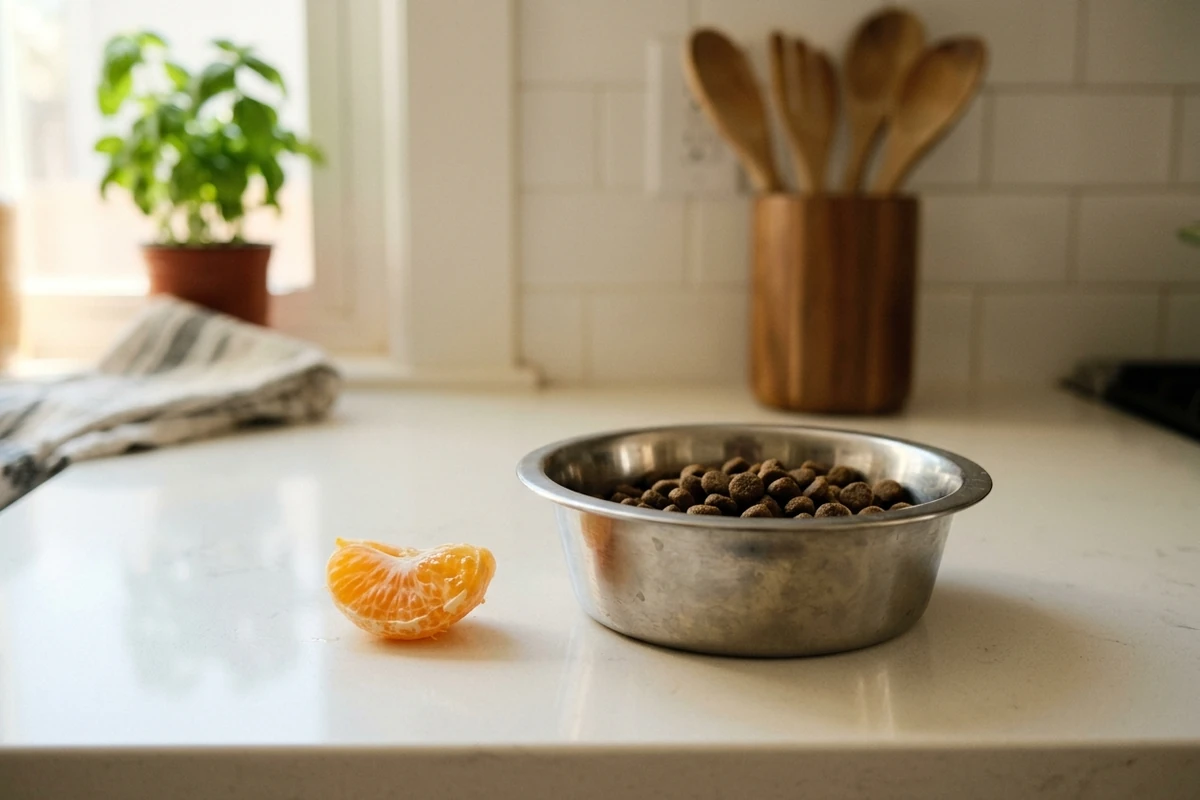 A small peeled orange segment beside a dog's bowl showing a modest, limited-benefit portion