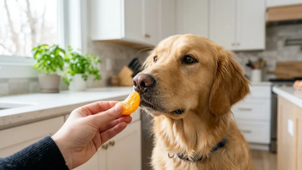 A dog sniffing a peeled orange segment held in a person's hand in a bright kitchen
