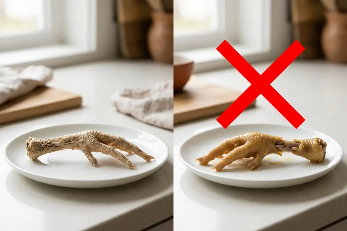 A safe dehydrated chicken foot beside a crossed-out cooked one, warning that cooked bone splinters
