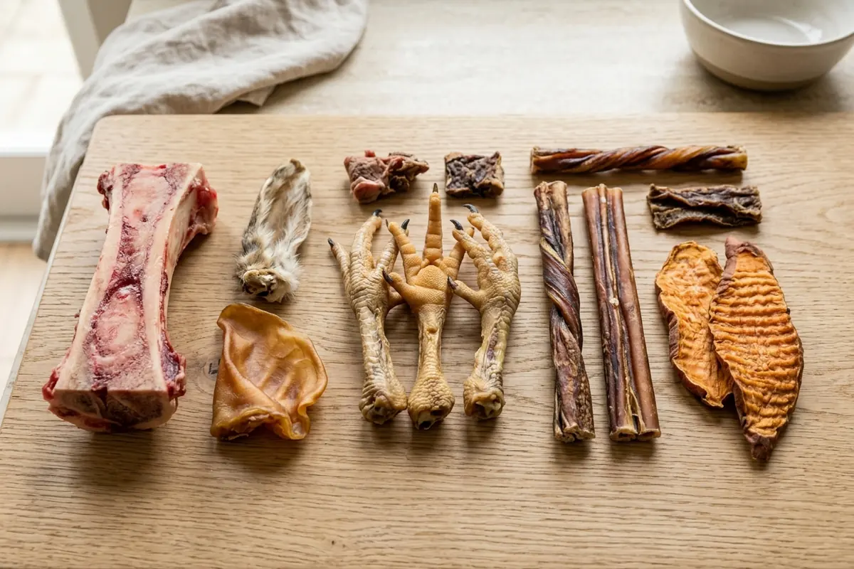 An overhead of natural dog chews: dehydrated chicken feet beside a raw bone and other options