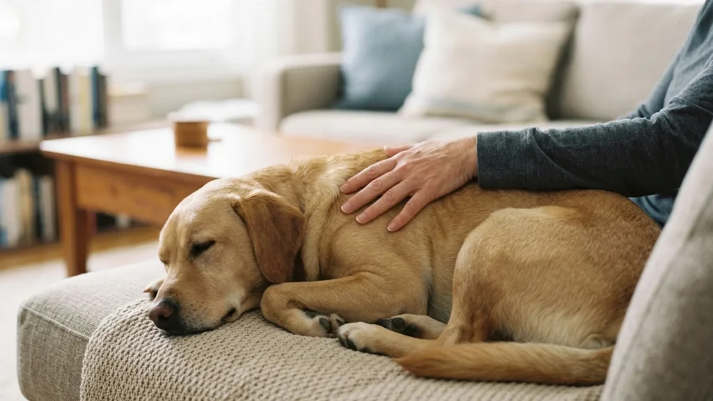 A bottle of antihistamine tablets on a counter beside a calm dog in a careful medication scene