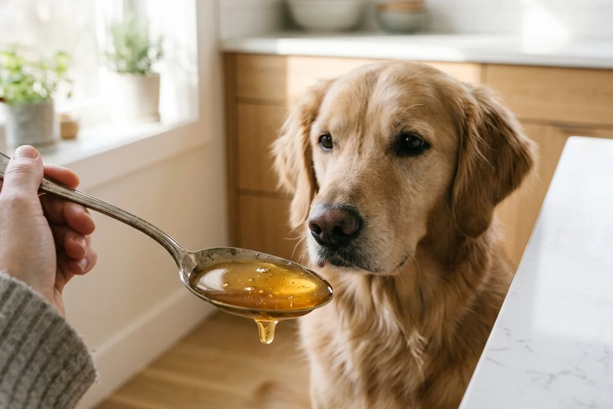 Thick golden manuka honey dripping from a wooden dipper, showing its dense antibacterial texture