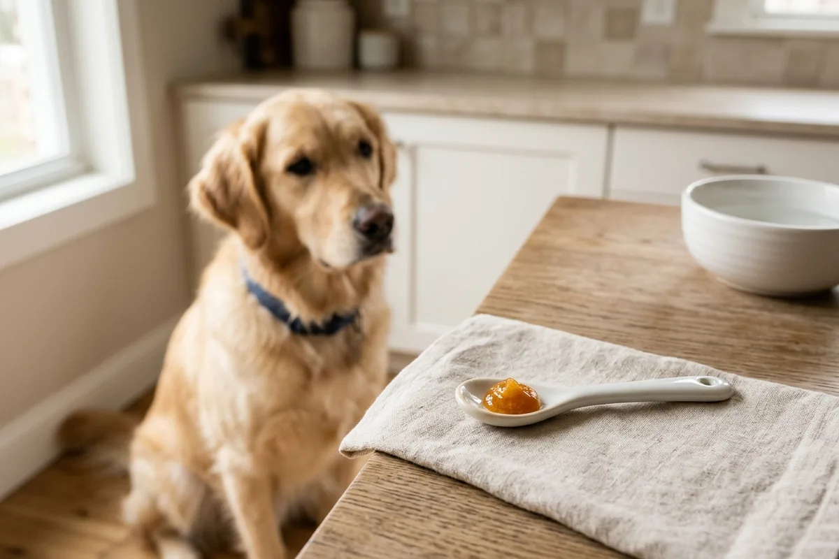 A tiny measured amount of manuka honey on a small spoon beside a dog, showing a safe serving