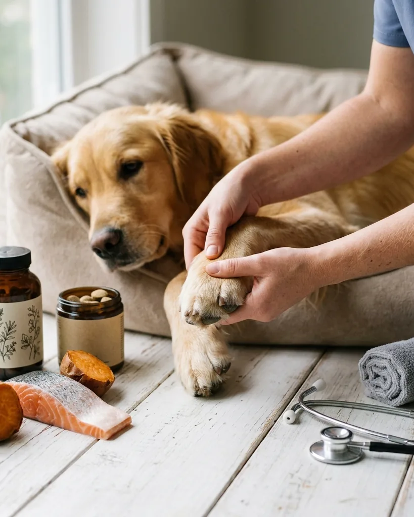 A vet checking a calm dog's paw beside joint supplements, omega-3 salmon and a stethoscope