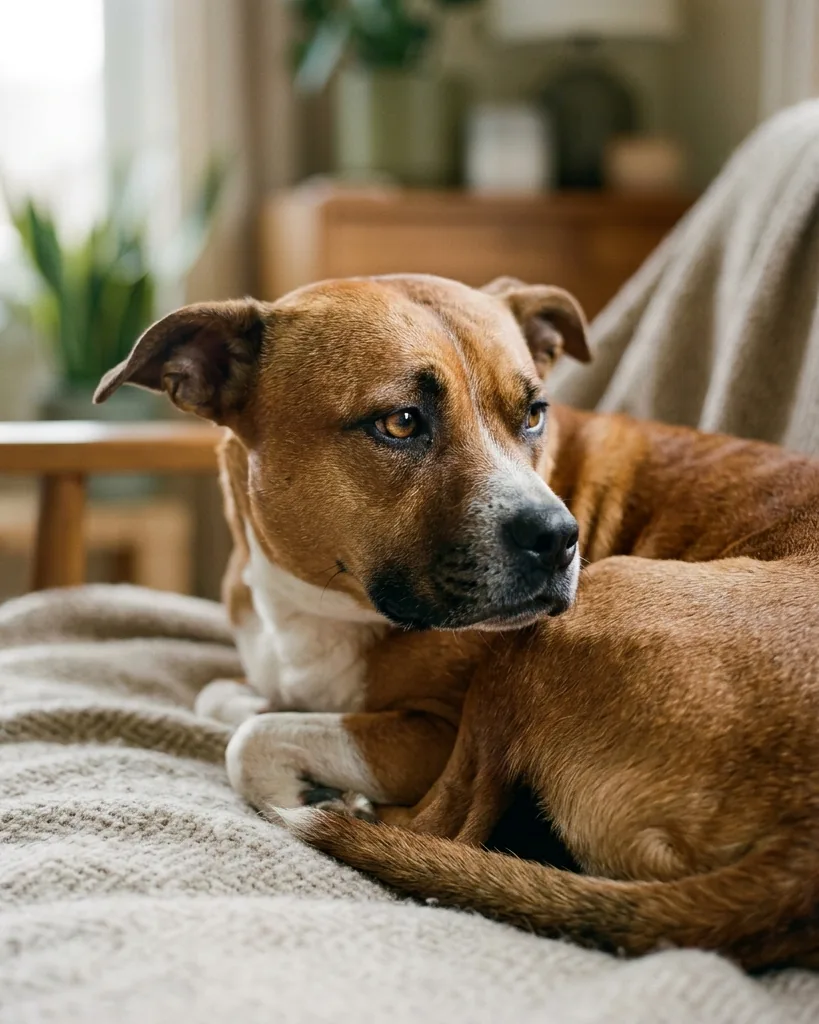 A dog resting quietly and watching, showing the subtle stillness that can signal discomfort